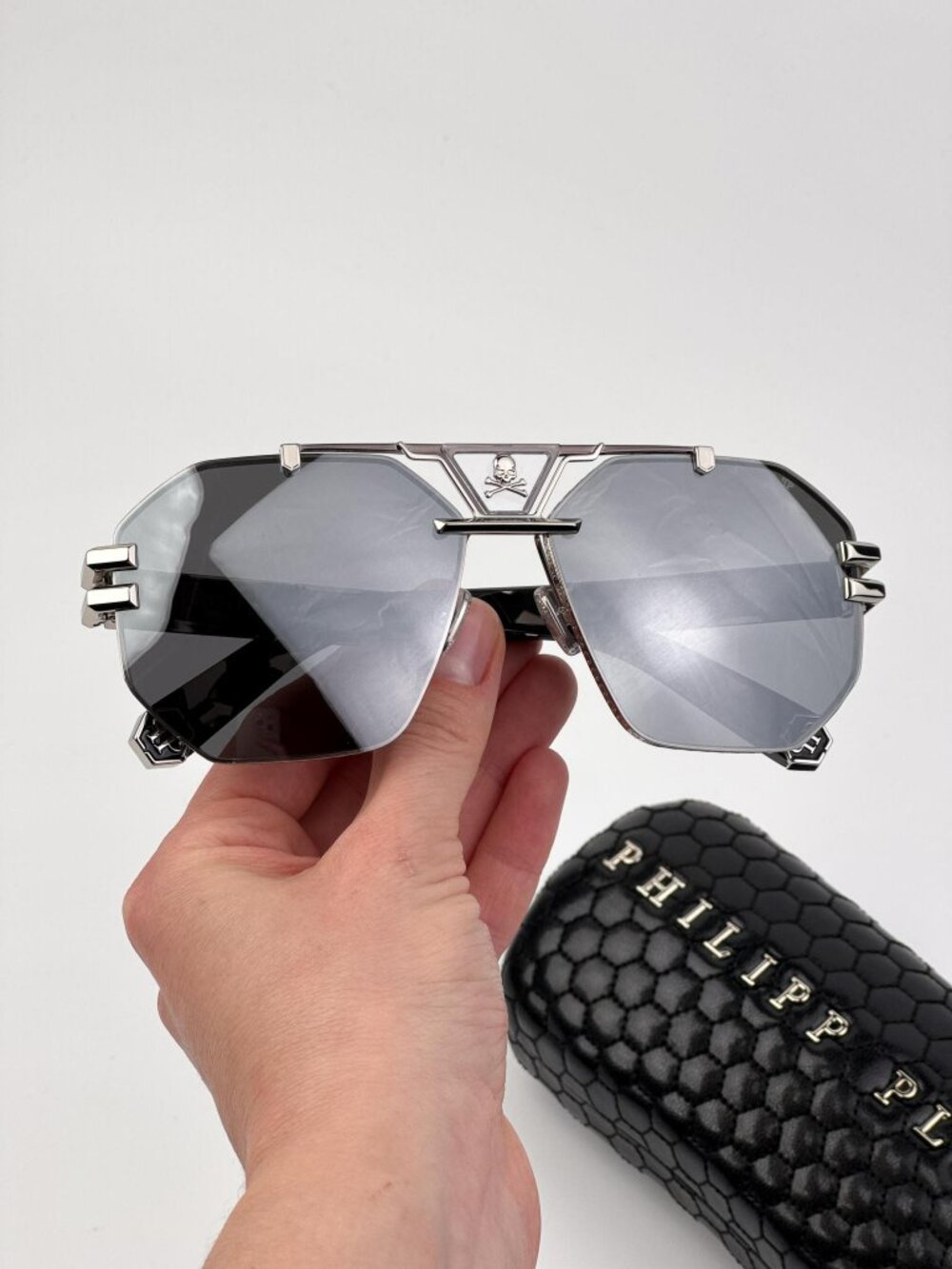 Philipp Plein Men’s Sunglasses Palladium Grey Pilot Silver Mirror SPP077V 523X